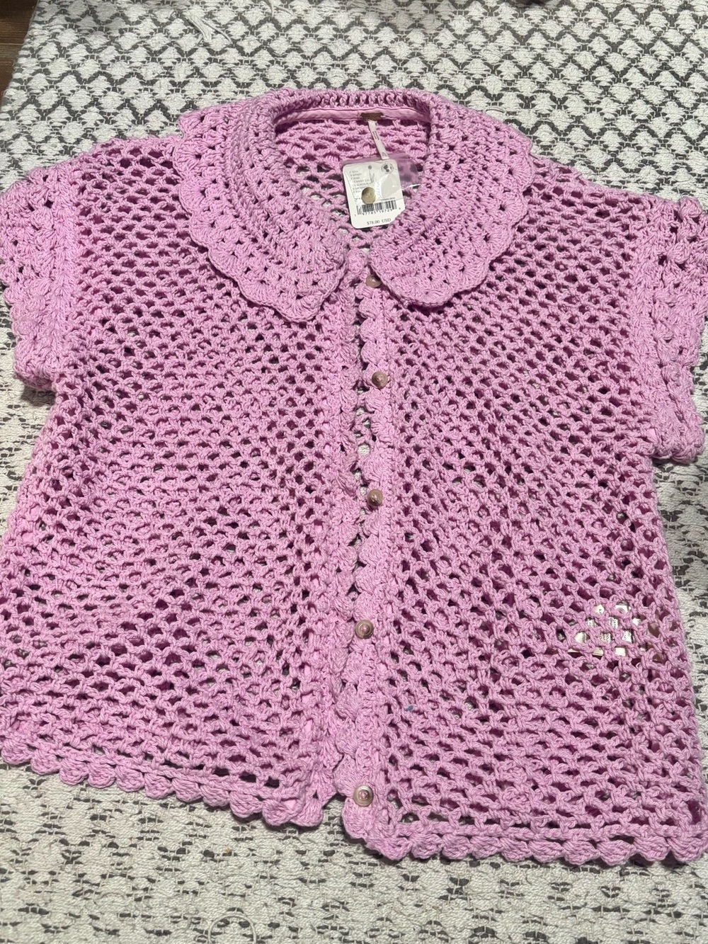 Free People Lily Crochet Top Embroidered Buttonddown Candy Lilac Cropped XL NEW - Picture 3 of 8